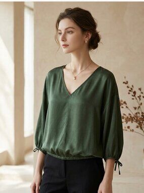 NWOT Unsubscribed 100% SILK Ruched Sleeve V Neck Blouse Medium